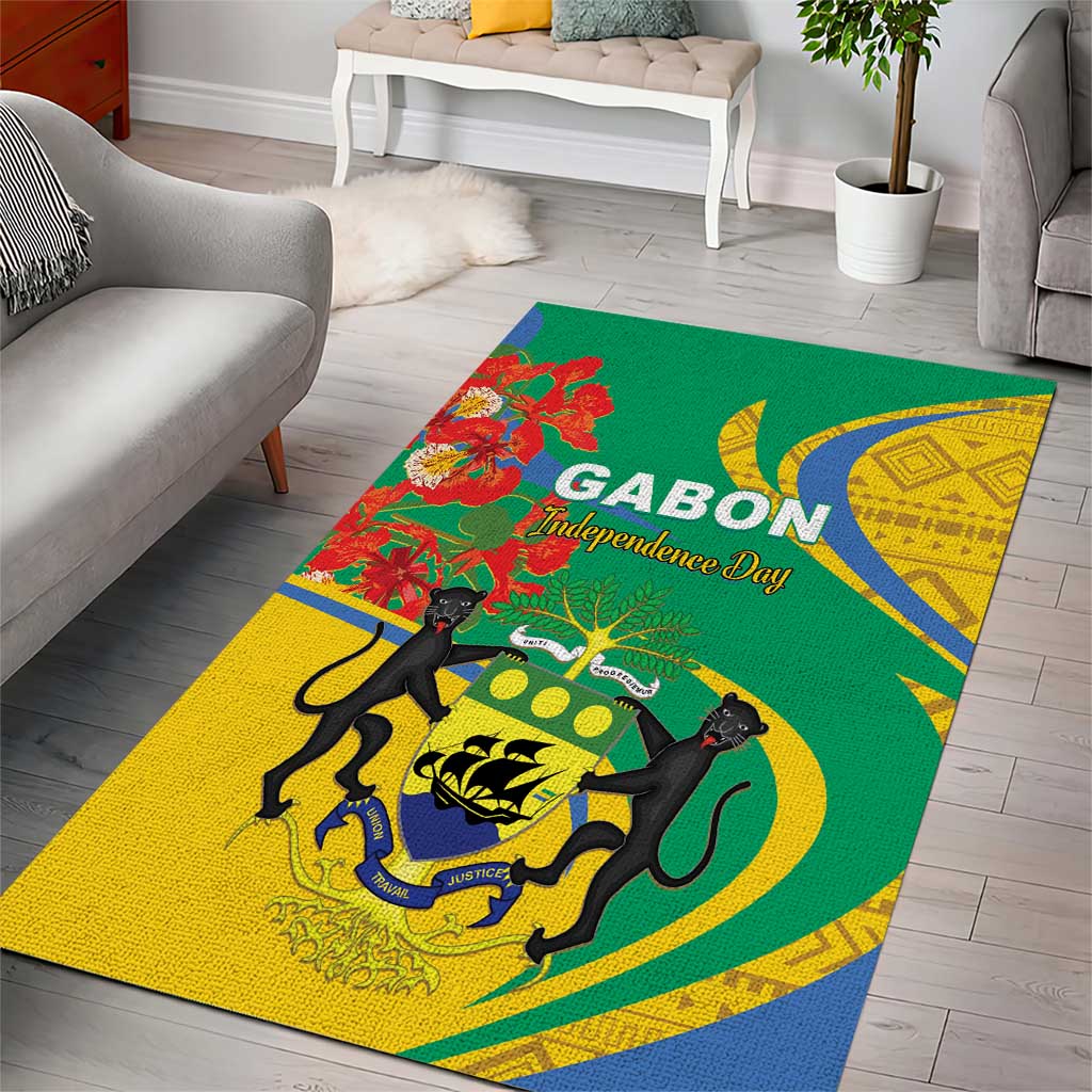 Rectangular area rug with green center, yellow border, and black animal emblem