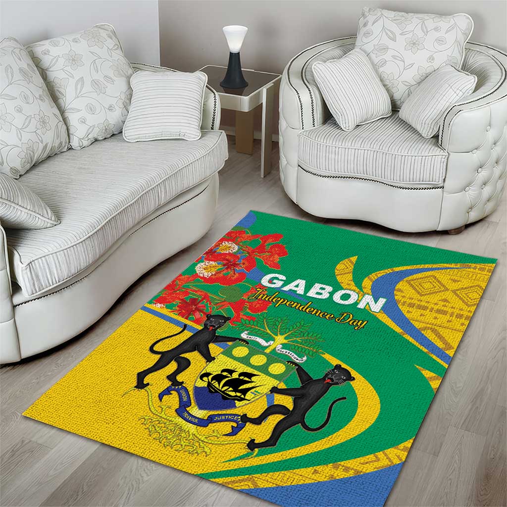 Rectangular area rug with green background, yellow and blue shapes, and red floral details