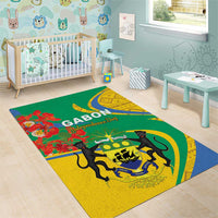 Rectangular area rug with green, yellow and blue map-like swirl and black animal artwork