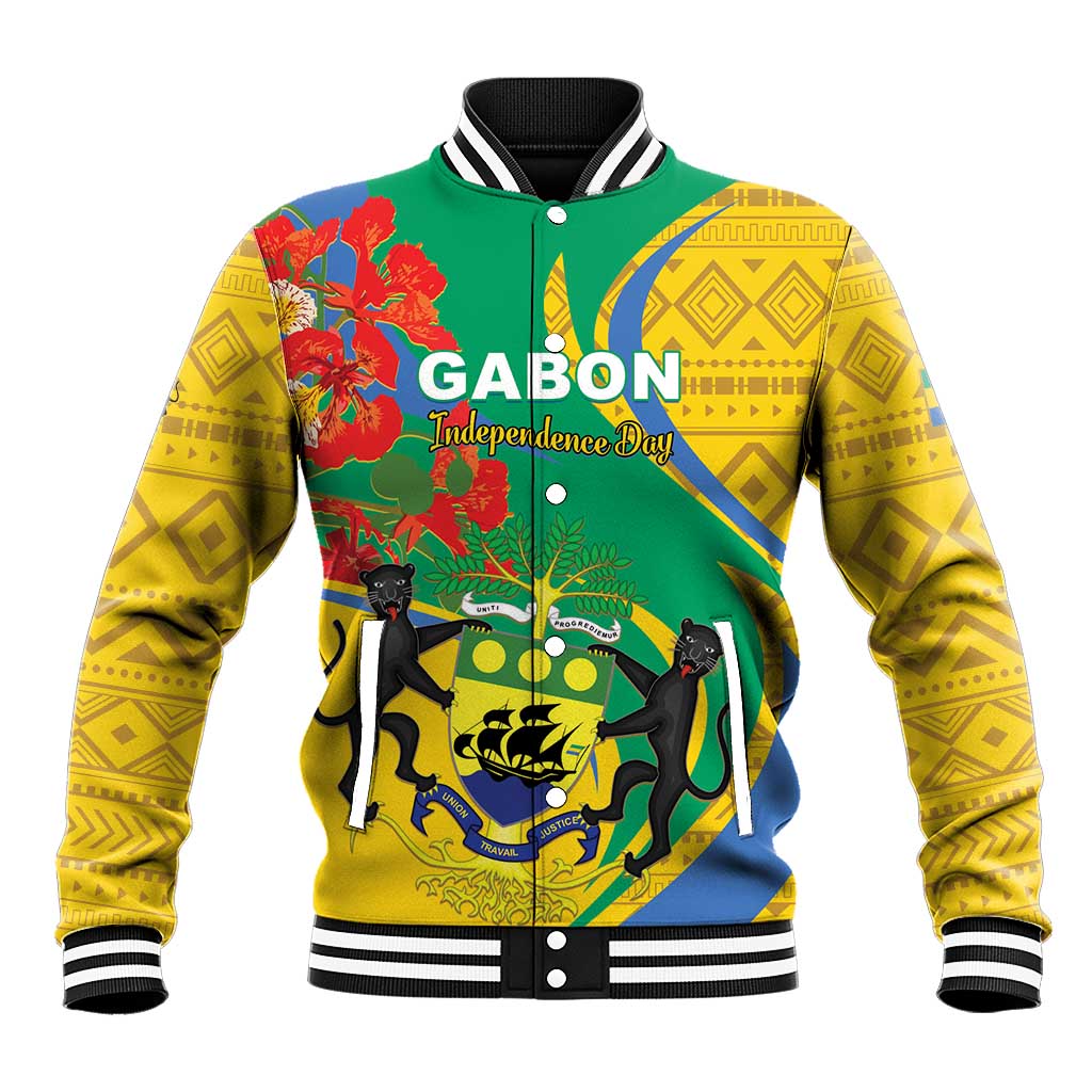 Green and yellow baseball jacket with button front, floral pattern, and striped ribbed collar.