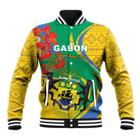 Green and yellow baseball jacket with button front, floral pattern, and striped ribbed collar.