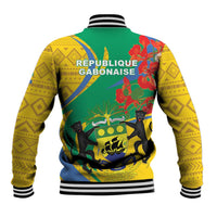 Green yellow Gabon-themed baseball jacket with bold emblem graphic and ribbed striped cuffs.