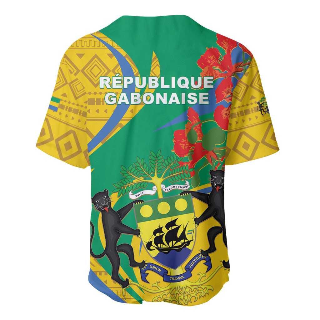 Gabon independence day baseball jersey with green and yellow African print graphic