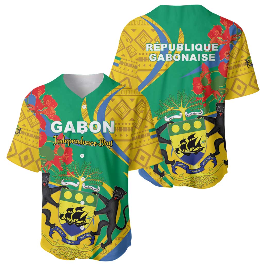 Green and yellow baseball jersey with Gabon Independence Day front graphic, angled