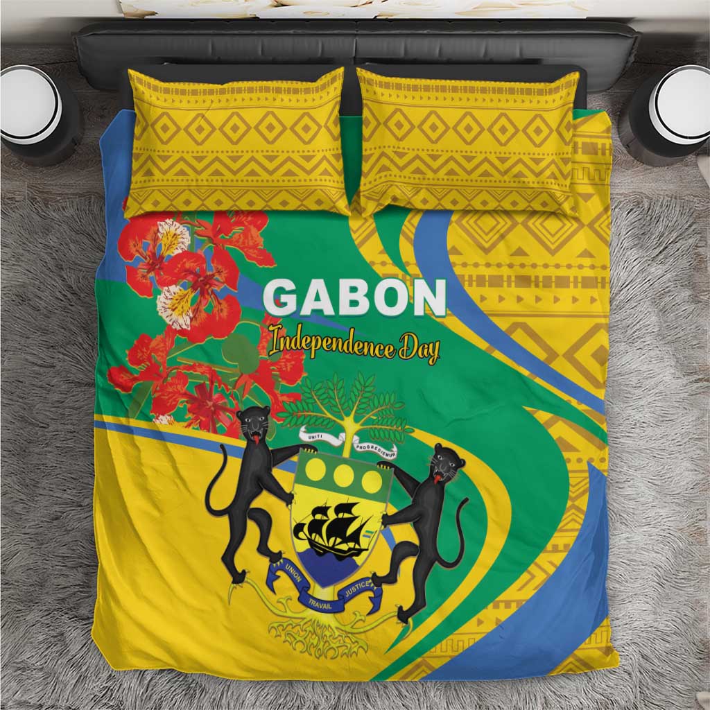 Bedding set top view: yellow patterned pillow shams over green duvet with red floral accents