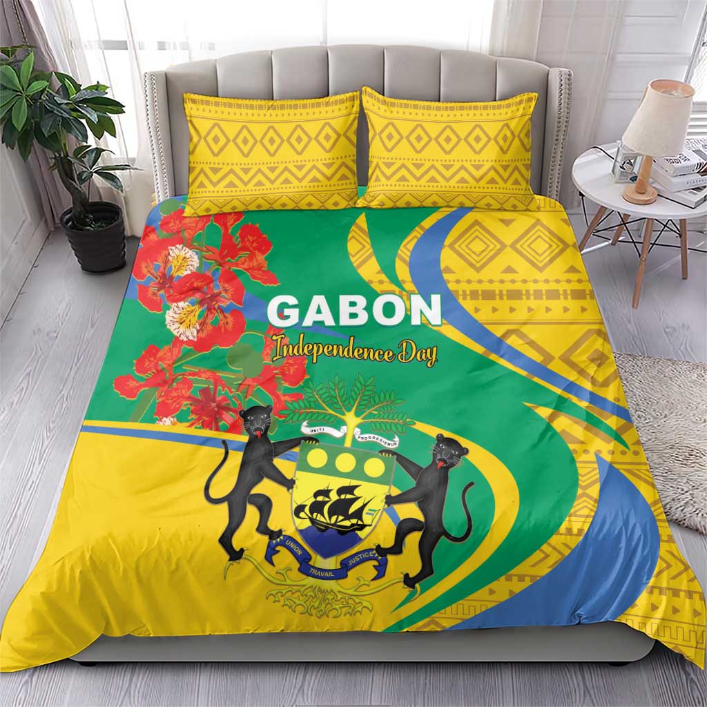 Bedding set with yellow geometric pillow shams and green duvet with crest, red flowers, and lions