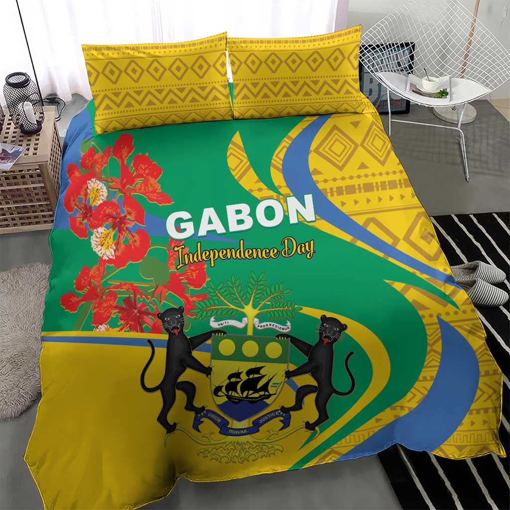 Bedding set with yellow geometric pillowcases and green blue cover with red flowers and emblem