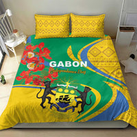 Bedding set with two yellow patterned pillow shams and green duvet featuring crest and lions