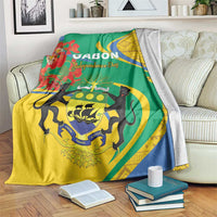 Gabon-themed independence day blanket with green, yellow, blue print and black animal emblem