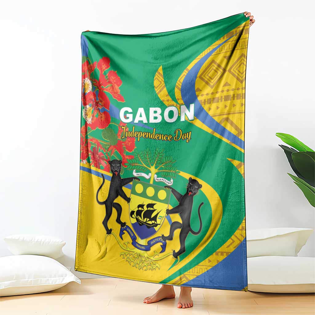Independence day blanket featuring GABON text, green/yellow/blue flag design, black animal graphic