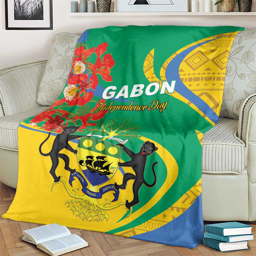 Green yellow blue independence day blanket with floral left side and GABON lettering at center