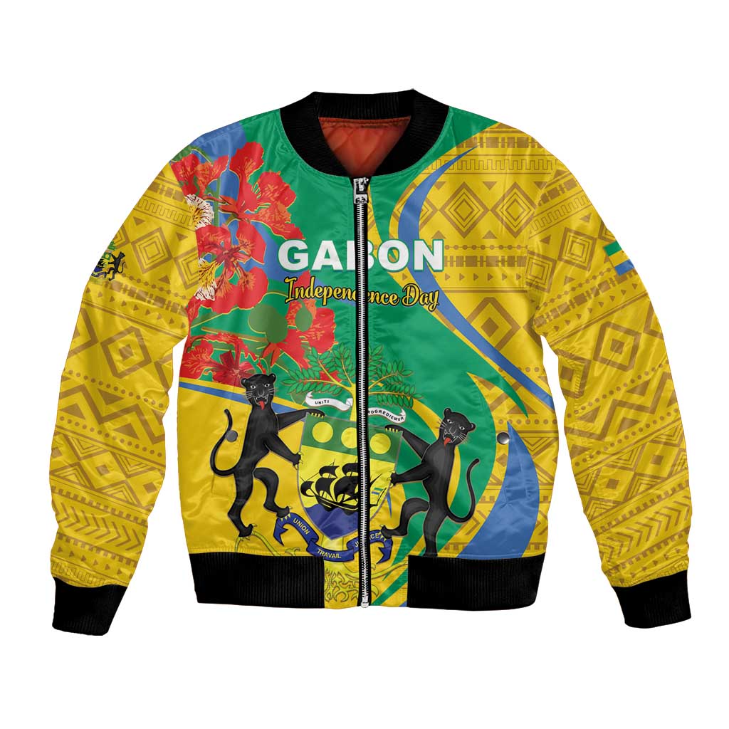 Unisex yellow bomber jacket with green and blue graphic cats, front zipper, ribbed hem