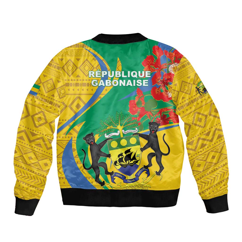 Unisex bomber jacket with yellow sleeves, green back panel, cats graphic, ribbed cuffs and hem