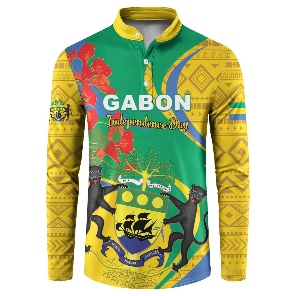 Front button sweatshirt with yellow patterned sleeves, Gabon emblem and animal print