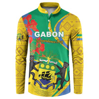 Front button sweatshirt with yellow patterned sleeves, Gabon emblem and animal print