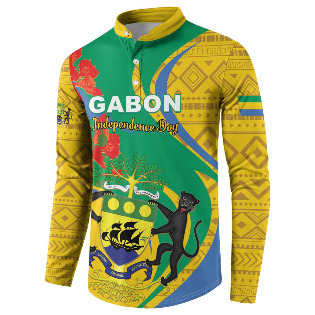 Green button sweatshirt with yellow patterned sleeves, Gabon emblem and animal graphic