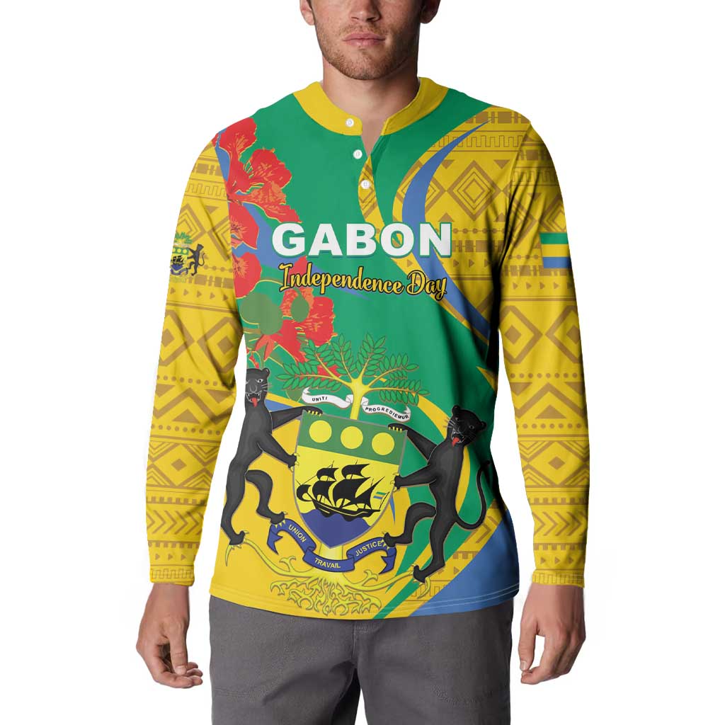 Green button sweatshirt on model, yellow patterned sleeves, Gabon emblem and animal graphic
