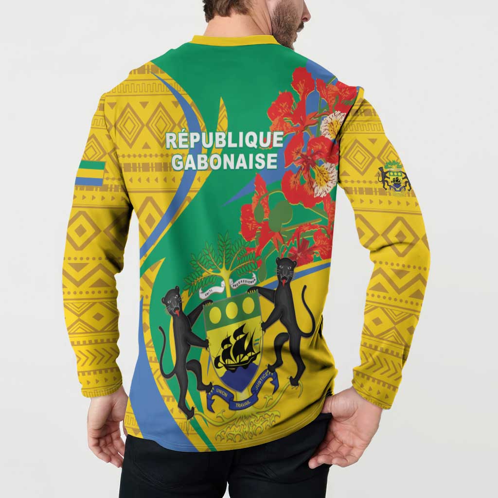 Gabon Independence Day button sweatshirt with yellow sleeves and back graphic