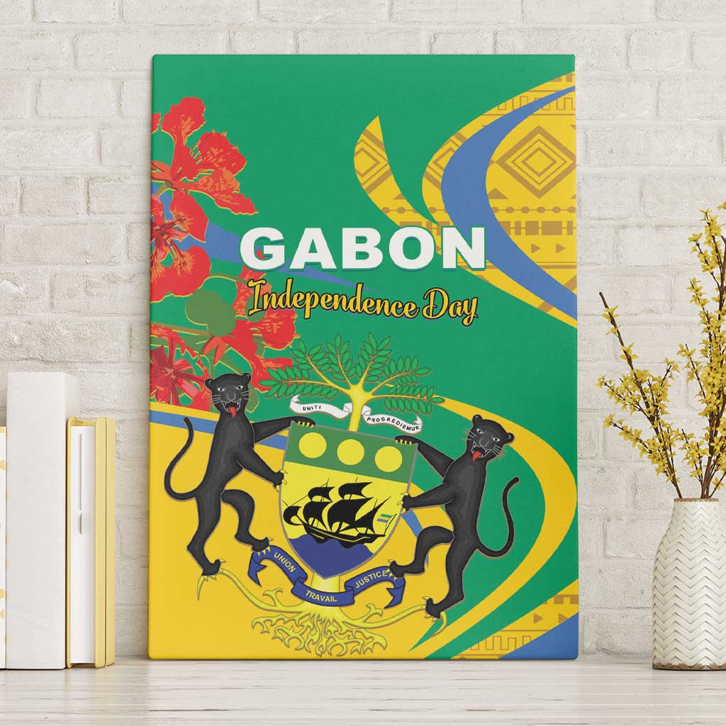Green Gabon Independence Day canvas wall art with cats, tree, and blue-yellow crest