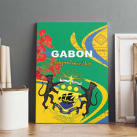 Green canvas wall art with GABON Independence Day lettering, cats, tree, and yellow panel