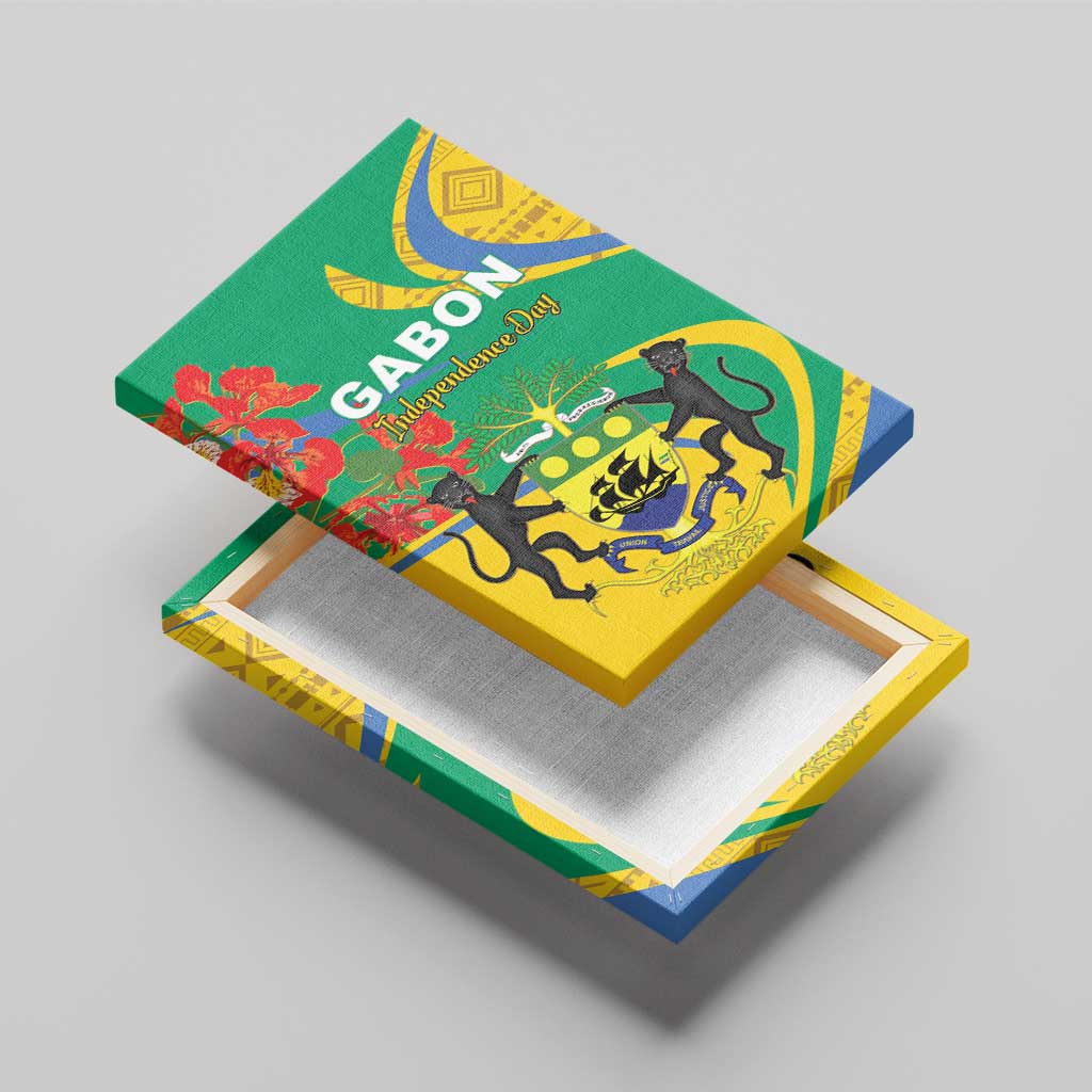 Green Gabon Independence Day canvas wall art with blue-yellow crest, cats, and ribbon