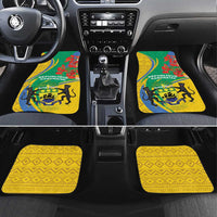 Four-piece car floor mat set with Gabon emblem and yellow geometric patterned backs