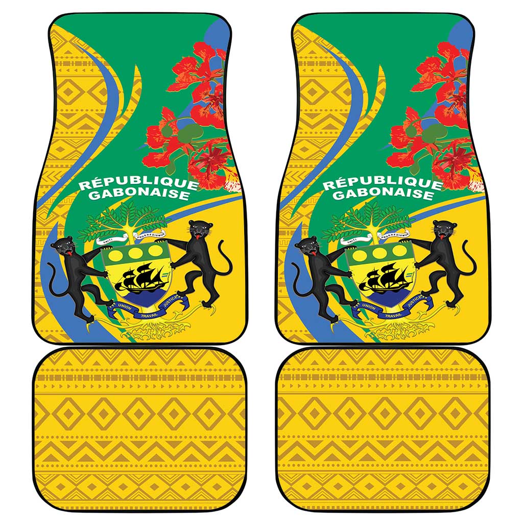 Car floor mat set with Gabon emblem, lions, and green-yellow floral pattern