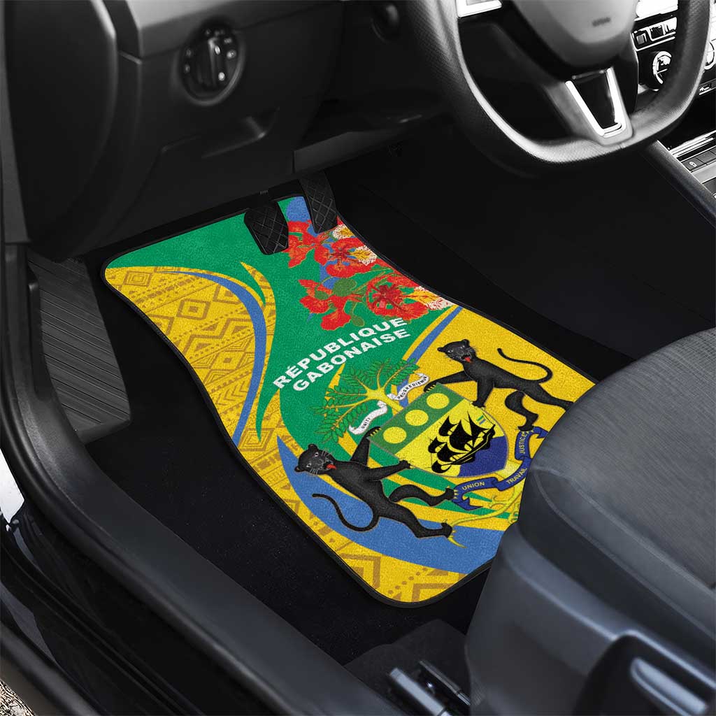 Green-and-yellow corner car floor mat with Gabon crest and lion figures
