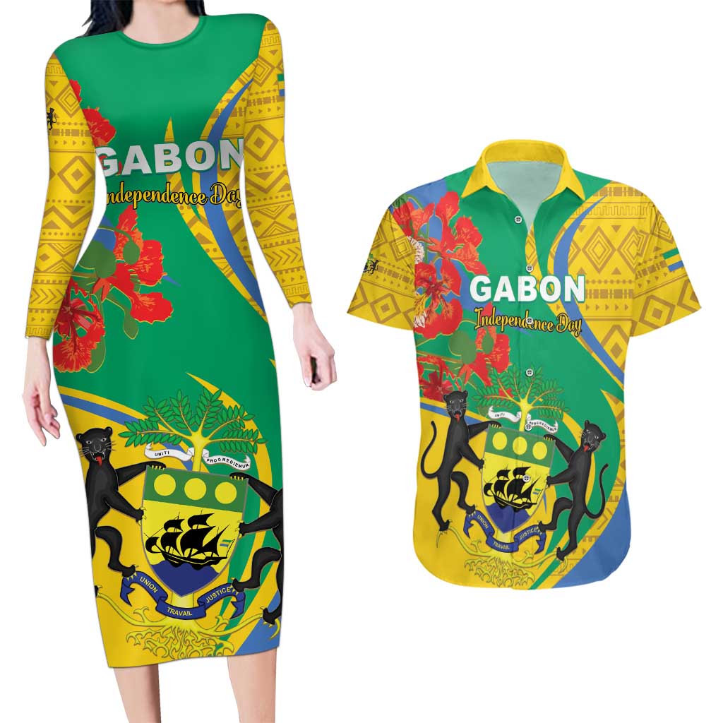 Gabon Independence Day Couples Matching Long Sleeve Bodycon Dress and Hawaiian Shirt Gabonaise Flamboyant African Pattern - Wonder Print Shop