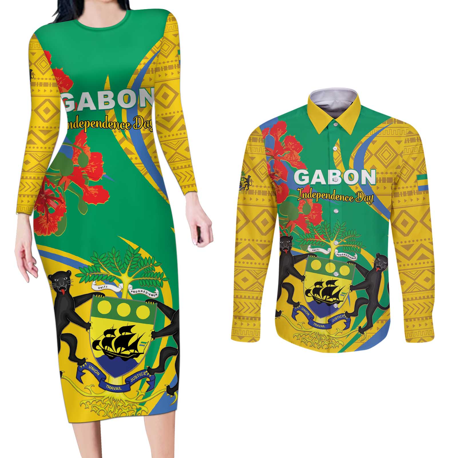 Gabon Independence Day Couples Matching Long Sleeve Bodycon Dress and Long Sleeve Button Shirt Gabonaise Flamboyant African Pattern - Wonder Print Shop