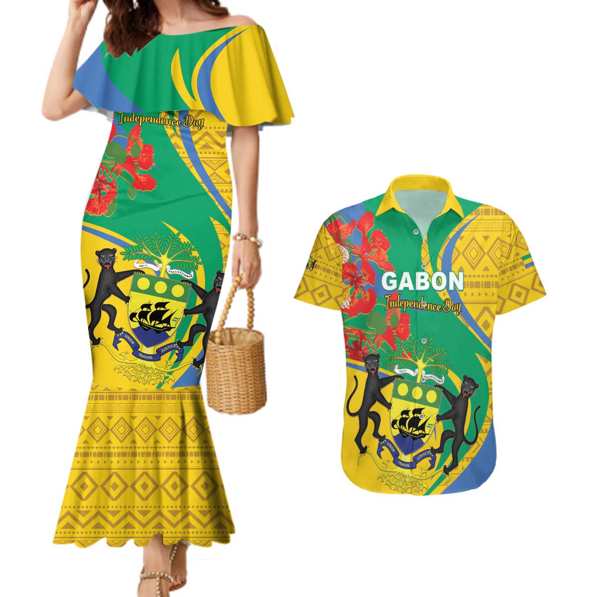 Gabon Independence Day Couples Matching Mermaid Dress and Hawaiian Shirt Gabonaise Flamboyant African Pattern - Wonder Print Shop