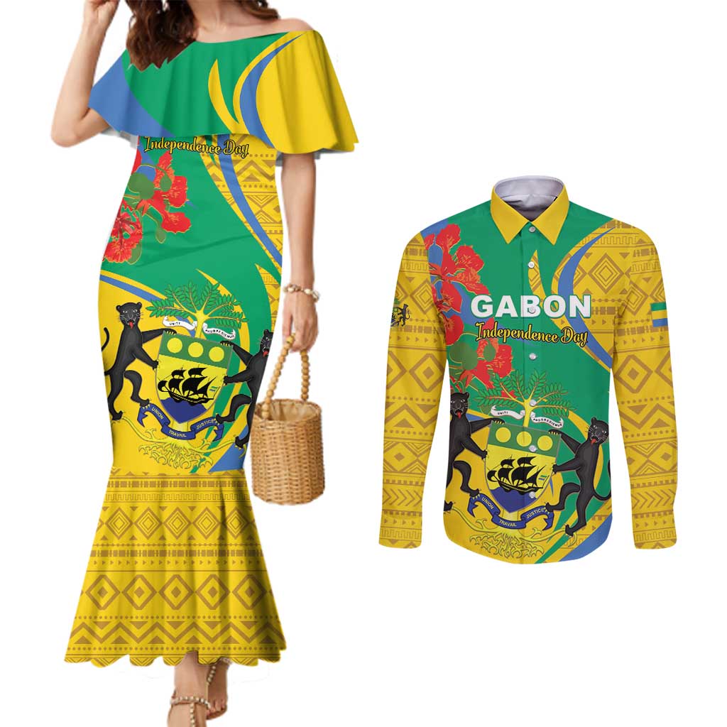 Gabon Independence Day Couples Matching Mermaid Dress and Long Sleeve Button Shirt Gabonaise Flamboyant African Pattern