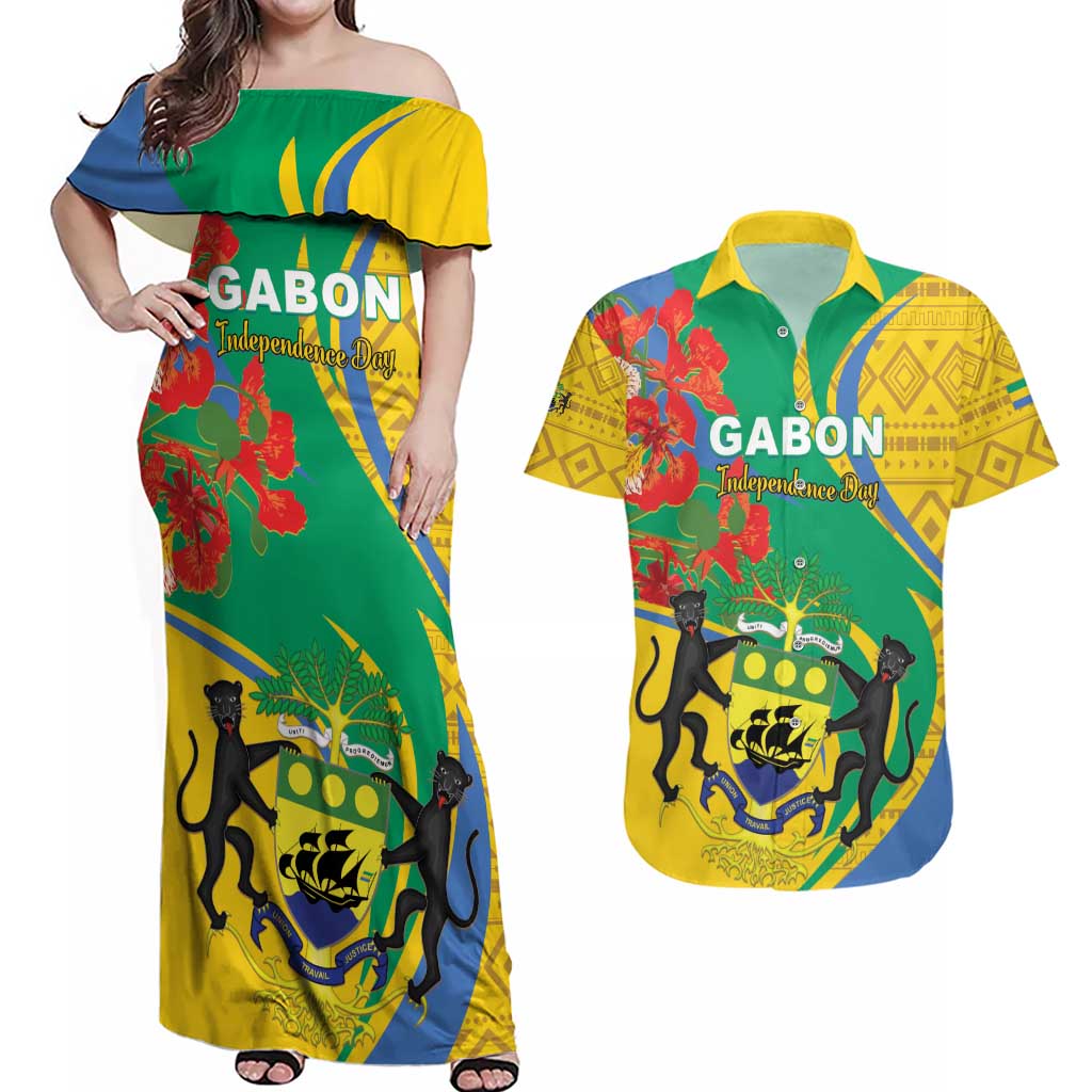 Gabon Independence Day Couples Matching Off Shoulder Maxi Dress and Hawaiian Shirt Gabonaise Flamboyant African Pattern - Wonder Print Shop