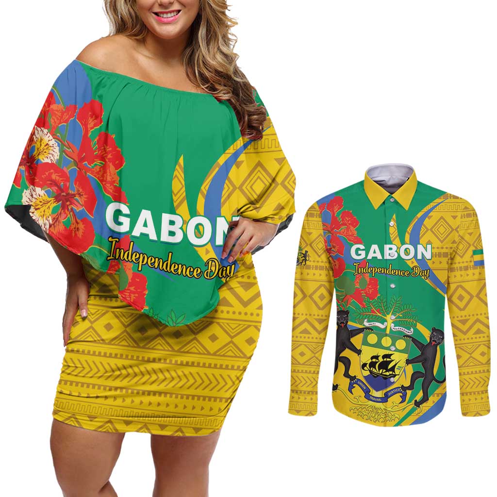 Gabon Independence Day Couples Matching Off Shoulder Short Dress and Long Sleeve Button Shirt Gabonaise Flamboyant African Pattern - Wonder Print Shop