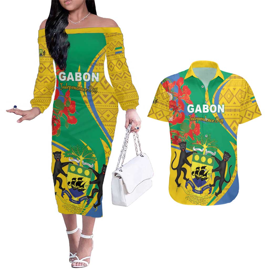 Gabon Independence Day Couples Matching Off The Shoulder Long Sleeve Dress and Hawaiian Shirt Gabonaise Flamboyant African Pattern - Wonder Print Shop