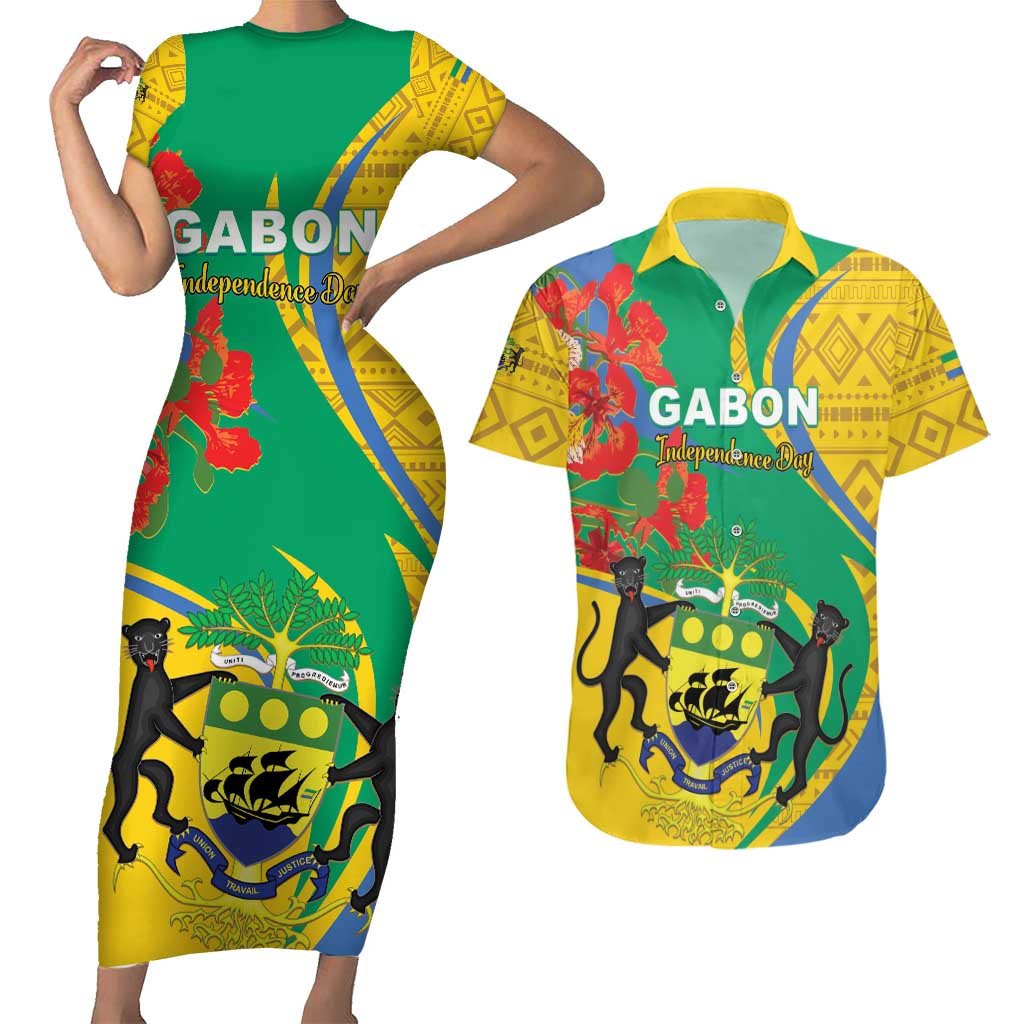 Gabon Independence Day Couples Matching Short Sleeve Bodycon Dress and Hawaiian Shirt Gabonaise Flamboyant African Pattern - Wonder Print Shop