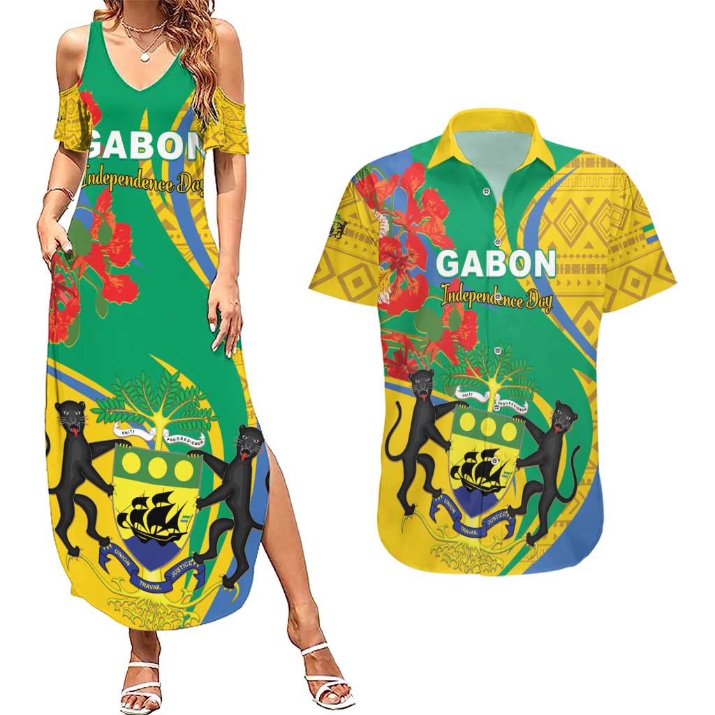 Gabon Independence Day Couples Matching Summer Maxi Dress and Hawaiian Shirt Gabonaise Flamboyant African Pattern - Wonder Print Shop