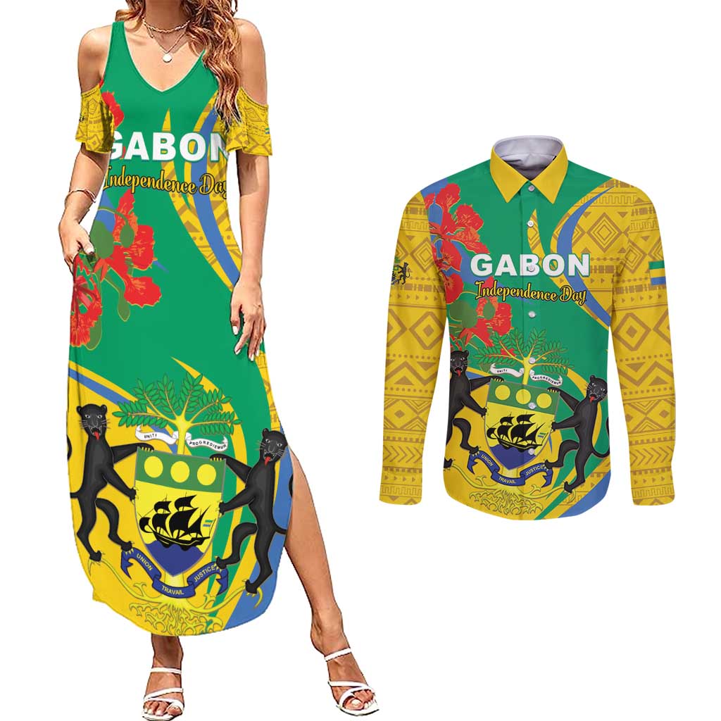 Gabon Independence Day Couples Matching Summer Maxi Dress and Long Sleeve Button Shirt Gabonaise Flamboyant African Pattern - Wonder Print Shop