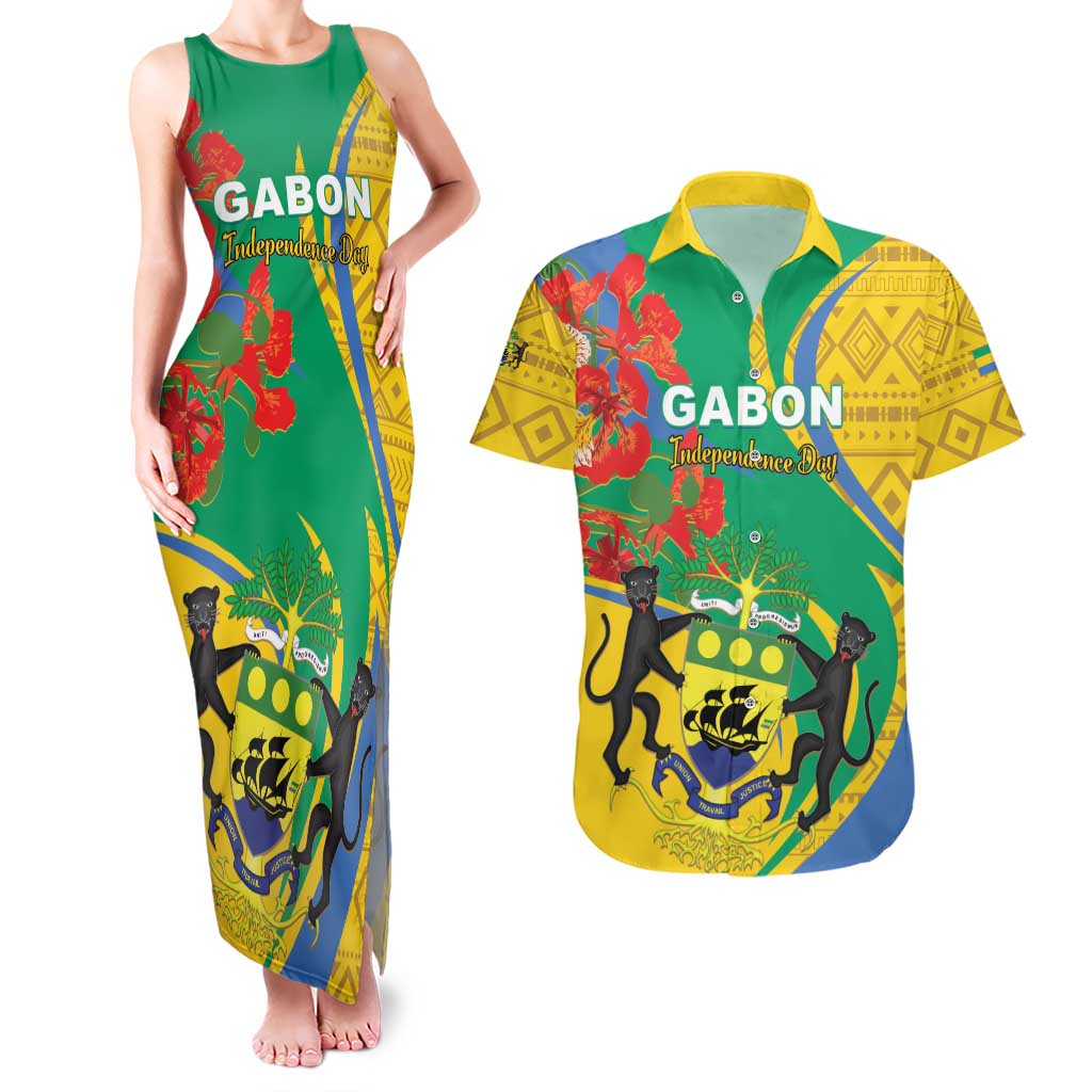 Gabon Independence Day Couples Matching Tank Maxi Dress and Hawaiian Shirt Gabonaise Flamboyant African Pattern - Wonder Print Shop