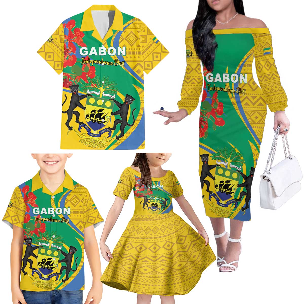 Gabon Independence Day Family Matching Off The Shoulder Long Sleeve Dress and Hawaiian Shirt Gabonaise Flamboyant African Pattern - Wonder Print Shop