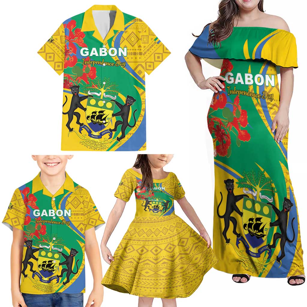 Gabon Independence Day Family Matching Off Shoulder Maxi Dress and Hawaiian Shirt Gabonaise Flamboyant African Pattern - Wonder Print Shop