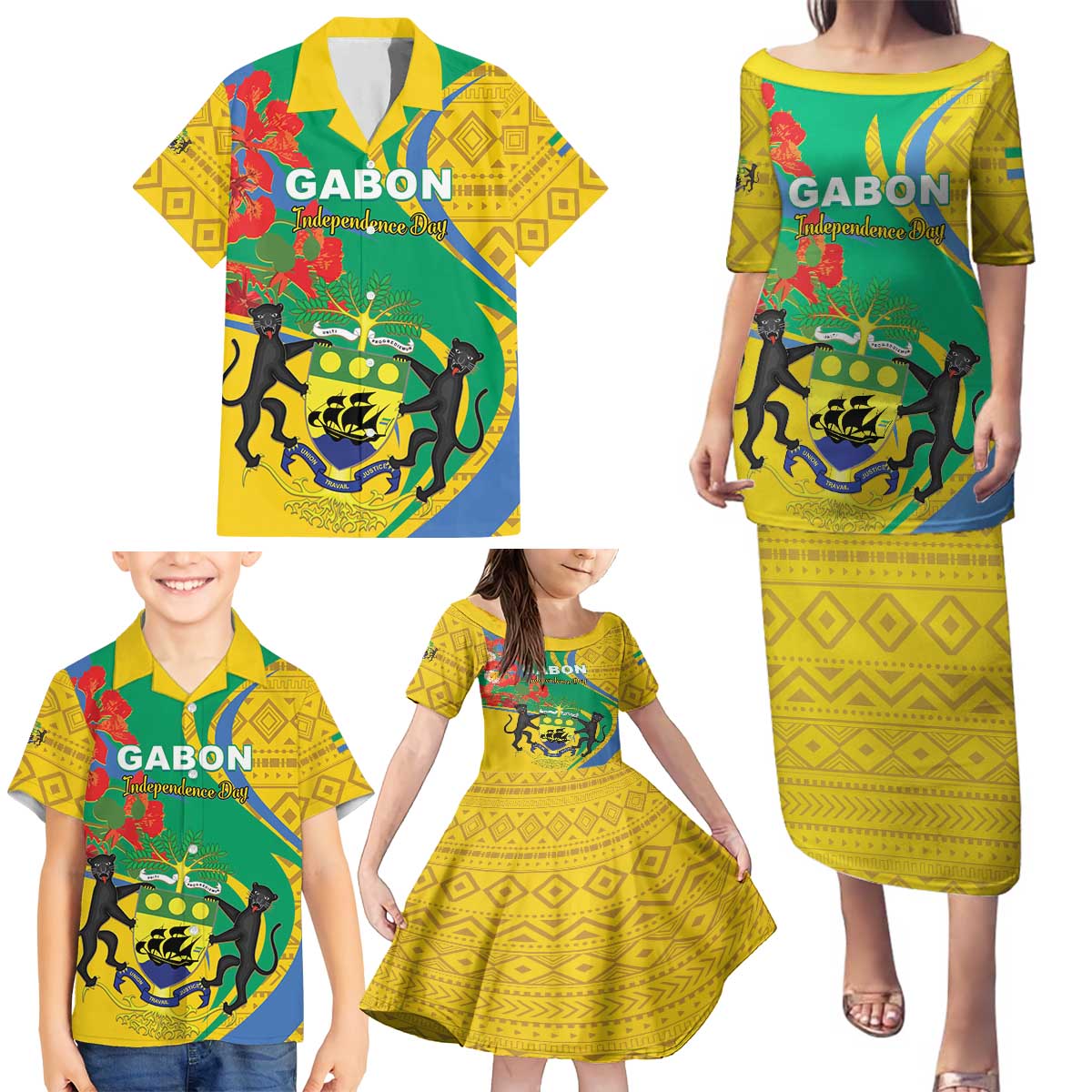 Gabon Independence Day Family Matching Puletasi and Hawaiian Shirt Gabonaise Flamboyant African Pattern - Wonder Print Shop