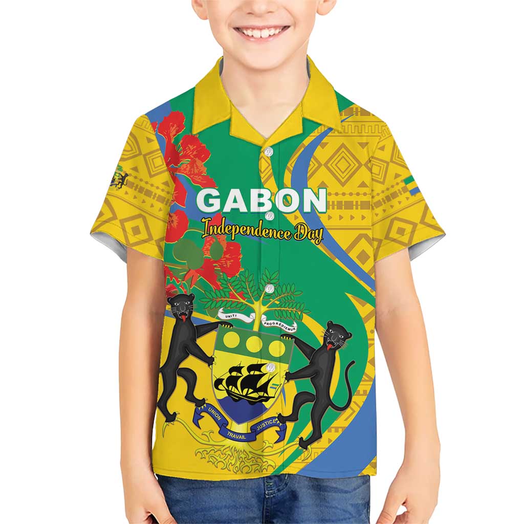 Gabon Independence Day Kid Hawaiian Shirt Gabonaise Flamboyant African Pattern - Wonder Print Shop