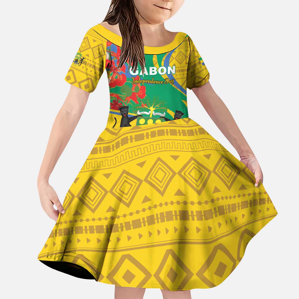 Gabon Independence Day Kid Short Sleeve Dress Gabonaise Flamboyant African Pattern - Wonder Print Shop