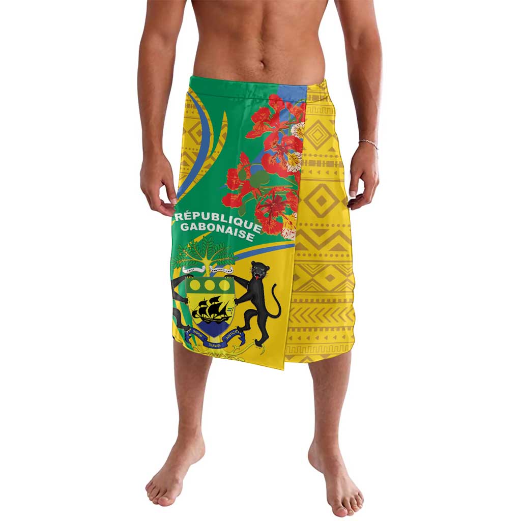 Yellow and green patterned lavalava wrap skirt with shield, lion, and floral print