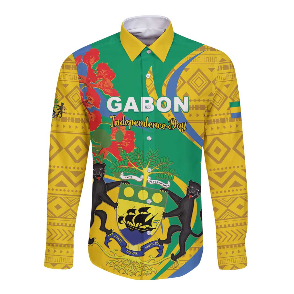 Long sleeve button shirt with yellow sleeves, green front, colorful emblem graphic