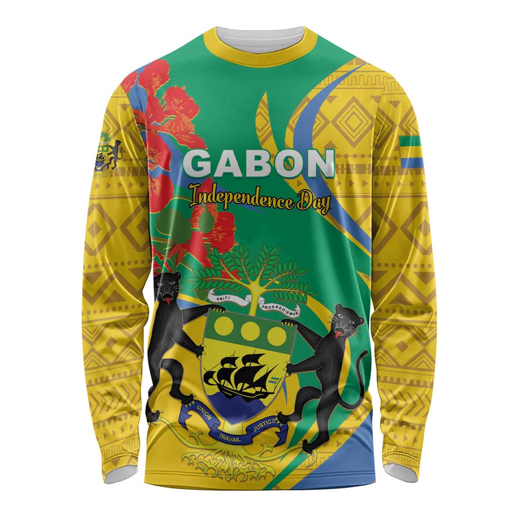 Unisex long-sleeve shirt, green and yellow with African pattern and crest graphic