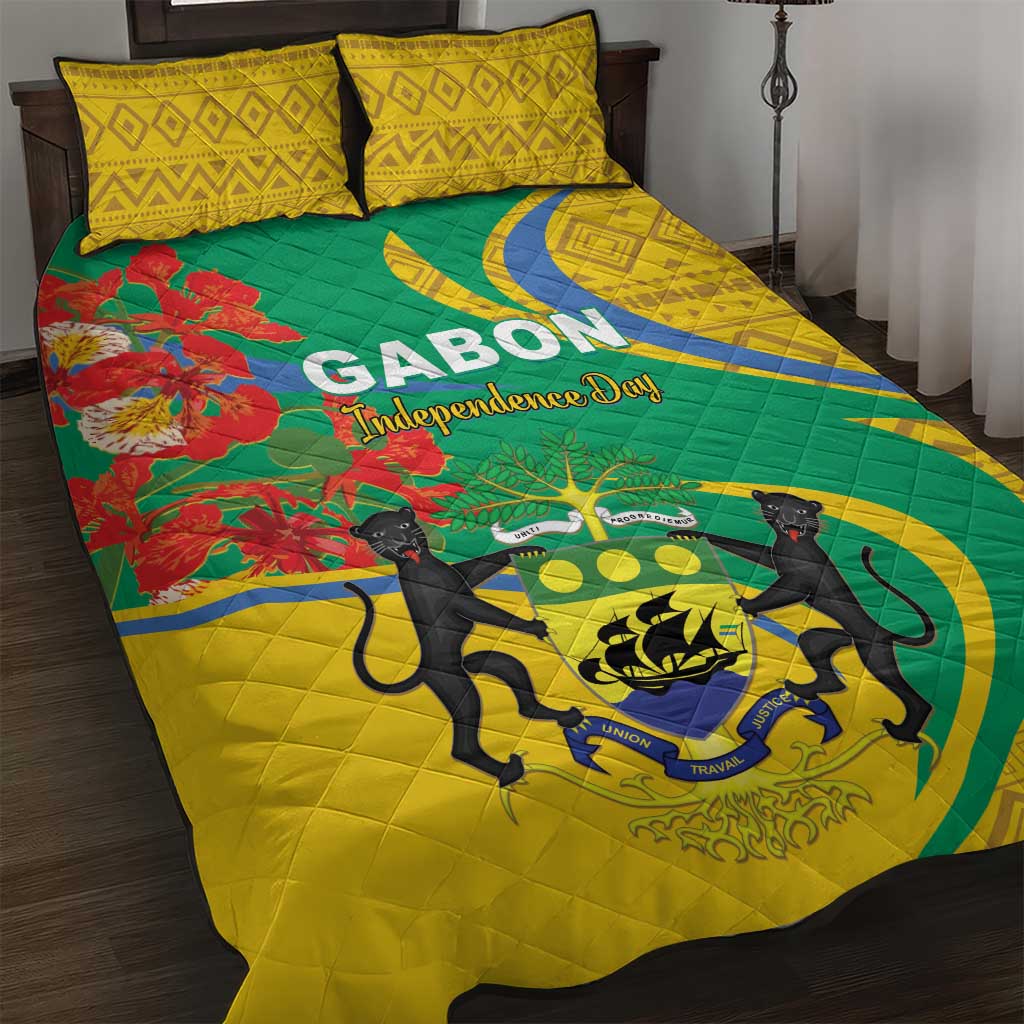 Gabon Independence Day quilt bed set with yellow patterned pillows and green-yellow lion design
