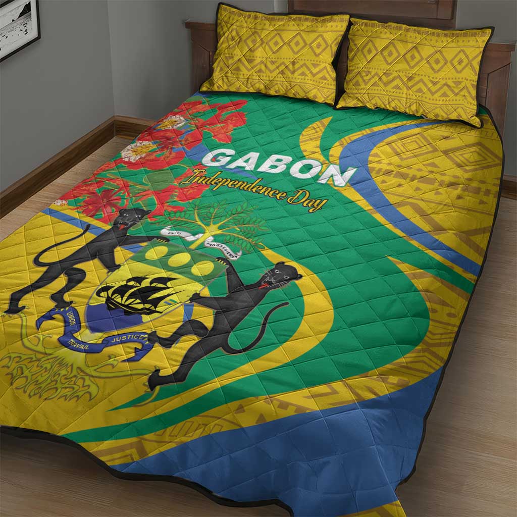 Gabon themed quilt with quilted pattern, yellow pillows, and circular emblem with lion figures