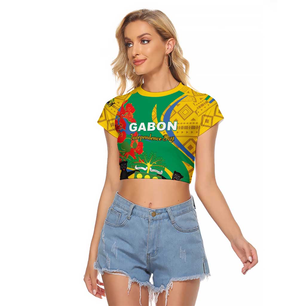 Gabon Independence Day Raglan Cropped T Shirt Gabonaise Flamboyant African Pattern - Wonder Print Shop